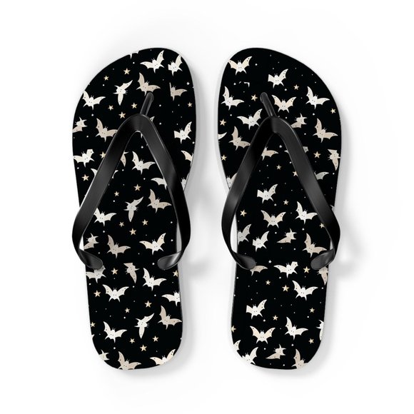 Bats Flip-Flops, Spooky Slippers, Halloween and Stars, Gift For Her, Summer Slip - Picture 1 of 10